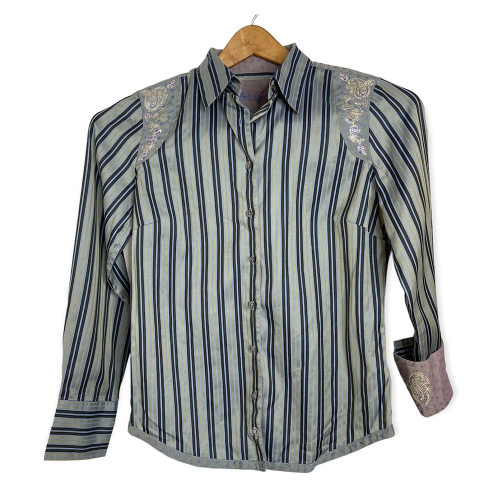 Robert Graham Button Down Embroidered Paisley Stripe Shirt M Metallic Cotton